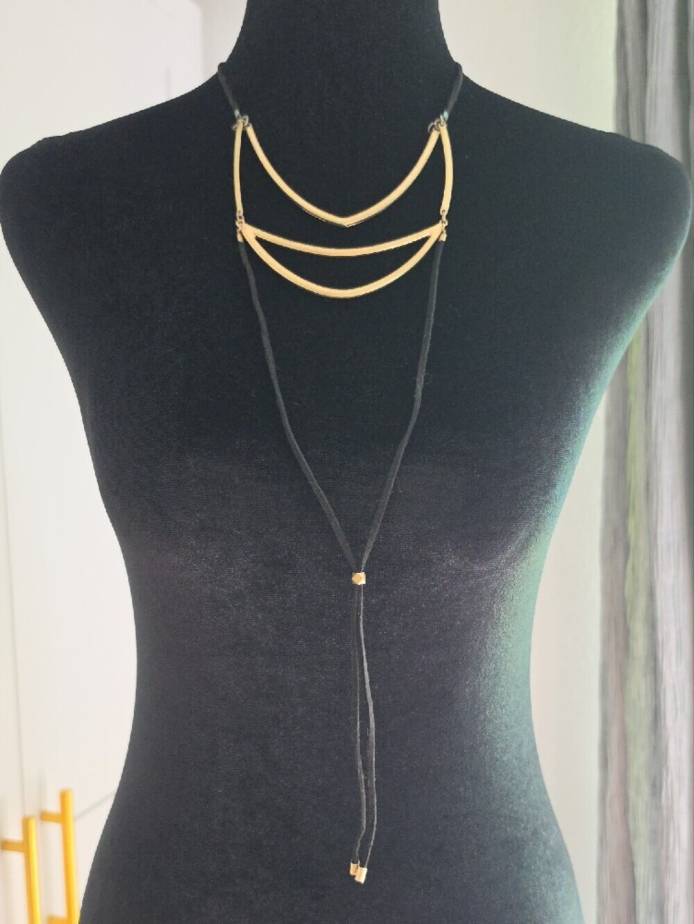 INC International Concepts Black Leather Cord Layered Necklace with Gold Arcs - Picture 4 of 6